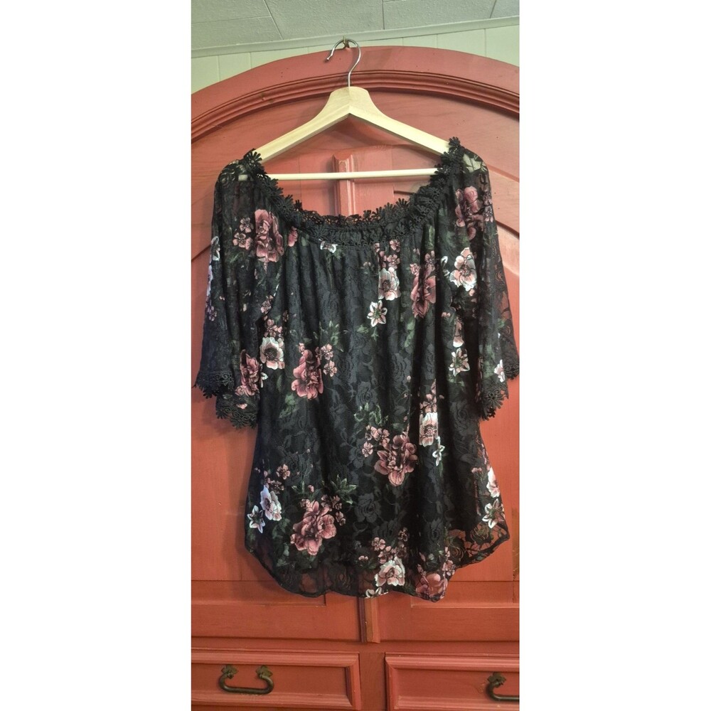 Mihol XL Black Lacey Floral Top Sheer Sleeve Cool Pink Roses Floral Dressy EUC